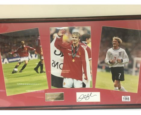 A framed group of David Beckham football photos with an authentic signature.