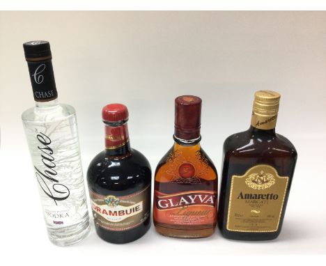 Four bottle of spirits including chase vodka Drambuie Glayva and an amaretto. NO RESERVE