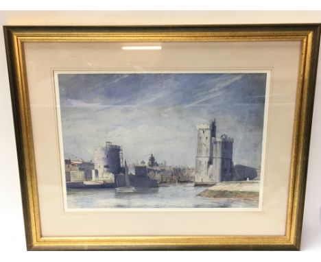 A framed watercolour of The Old Port by Marseille by William Edward Wiley (1880-1943) together with an etching by J M Bell . 