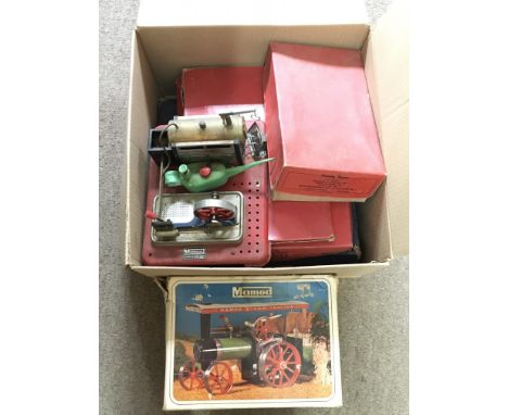 Steam engines including a boxed Mamod steam tractor and boxed Hornby tracks and carriages. This lot cannot be posted