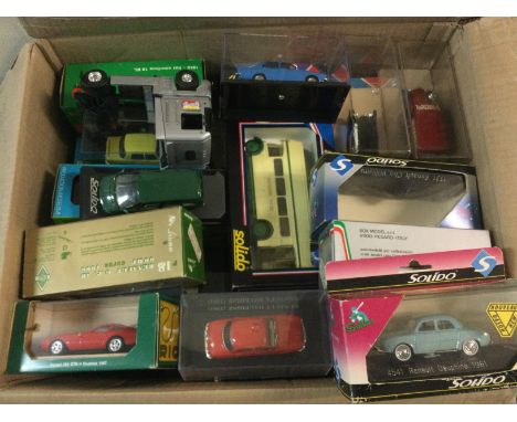 Three boxes of die cast vehicles comprising mostly boxed examples, makes include Dinky, Solido and others. Shipping category 