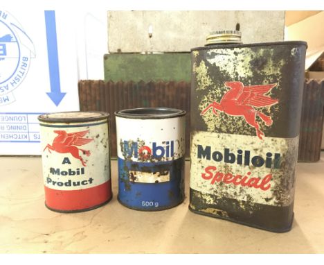 Vintage Mobil oil special can, Mobil oil grease tin and Mobil oil 116 grease tin