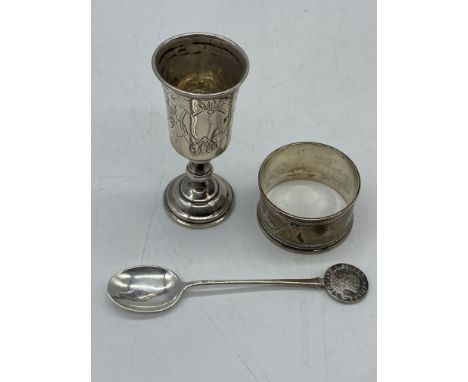 A mixed lot of silver, napkin ring, goblet &amp; teaspoon, 45grams combine weight approx, silver Jubilee teaspoon from 1935