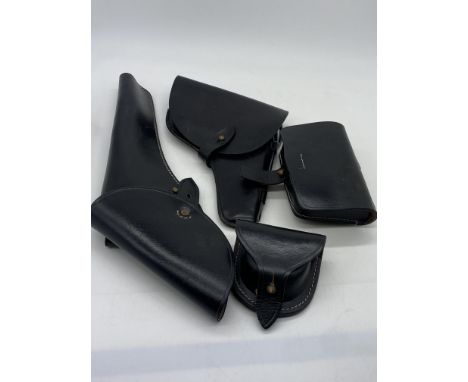 A selection of leather gun &amp; ammunition pockets, handstitched black leather