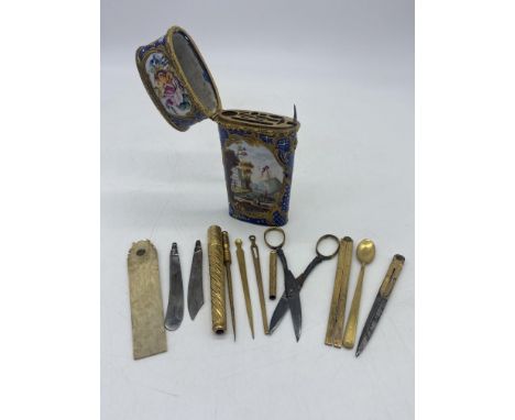 A Bilston enamel 18th century vanity case, push button for latched hinged lid, 1 implement is missing, front and back landsca