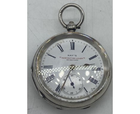 A Victorian silver key wound pocket watch, kay's perfection lever Swiss made Victorian pocket watch, Silver smith of case is 