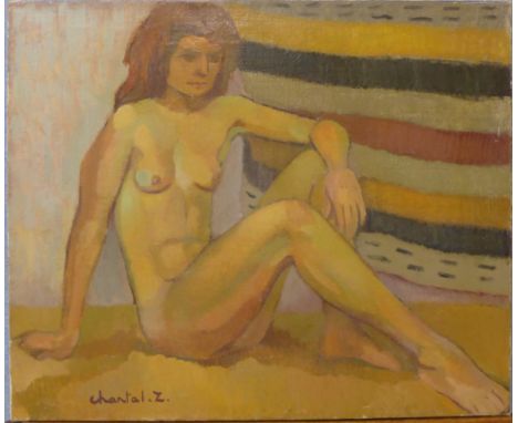 Z. Chantal, studio portrait of a reclining female nude, oil on board, 54 x 65cms, framed