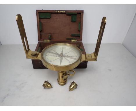 A 19th Century brass cased Marine Sighting Compass with detachable sights, inscribed John Braham, Bristol, in original mahoga