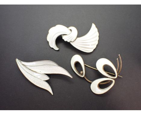 Three Modernist Norwegian sterling silver and white enamel Brooches 