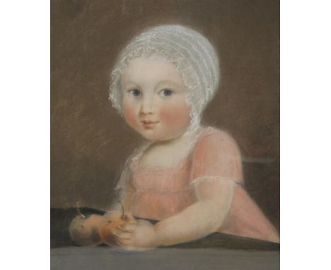 JAMES PHELPS (active 1807-1832). Portrait of a young girl wearing a pink dress and white bonnet, signed and dated on the reve