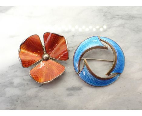 Two Modernist Norwegian sterling silver and enamel Brooches; one formed as a flower in red stamped CPS, 38mm wide and the oth