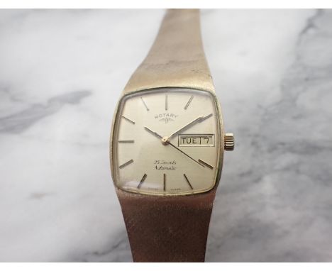 A gentleman's Rotary Automatic Wristwatch the square dial with hourly baton markers, sweep seconds hand and day/date aperture