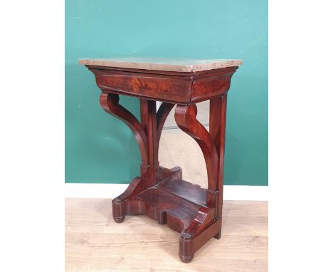 A Victorian mahogany marble top Console Table with cushion drawer above a mirror panel, 3ft H 