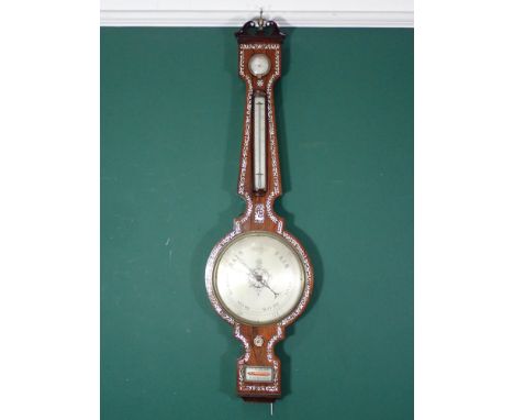 A 19th Century rosewood and mother of pearl inlaid Wheel Barometer/Thermometer with swan-neck pediment, central design of a d