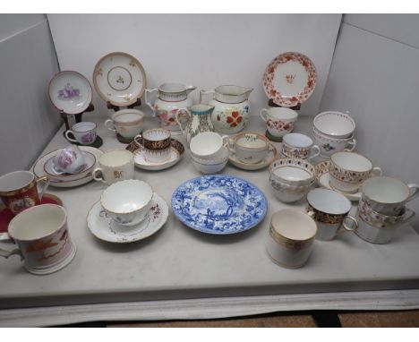 Two 19th Century pottery polychrome Jugs, an early Worcester sparrow beak Jug, two small lustre Cups and Saucers, a pair of D
