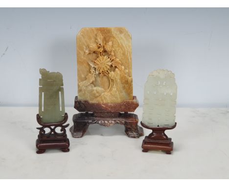 Two rectangular carved and pierced Jade Pieces on hardwood stands, approx 1 1/2in x 3in and 1 3/4in x 3in, together with a ca