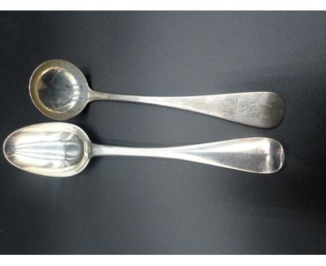 A George III silver Table Spoon, hanoverian pattern, engraved initials, Edinburgh 1767, maker: John Welsh, and a Sauce Ladle,