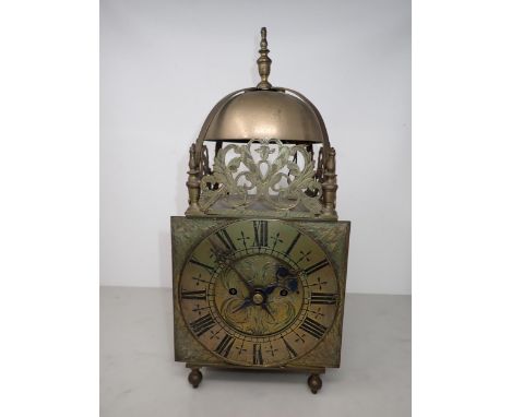 A 17th Century style brass cased lantern type Clock with circular dial inscribed Jn Fordham, Dunmow 321, twin train fusee mov