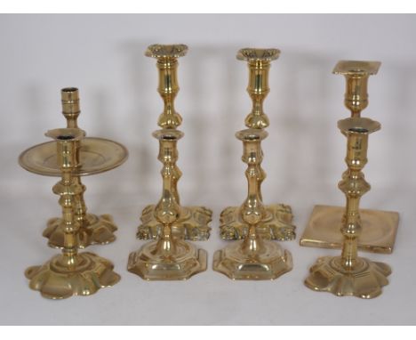 Three pairs of brass Candlesticks in the 18th Century style, another 18th Century Candlestick with drip tray and two other Ca