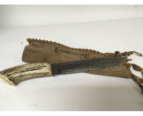 An old hunting knife with a horn handle and steel blade maker William Rodgers Sheffield and London. With later scabbard Lengt