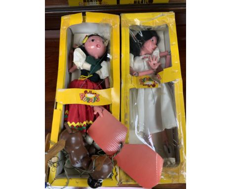 2 Boxed vintage Pelham puppets (Gypsy/Ballet Dancer) together with an unboxed Pelham puppet boxer dog. NO RESERVE