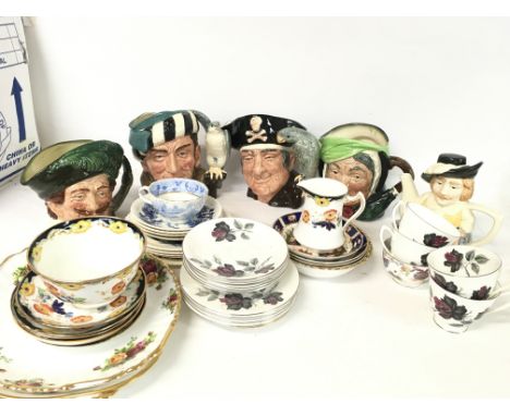 A collection of assorted tea and table ware by Royal Albert, Johnson Brothers, Poole etc + Doulton character jugs and other. 