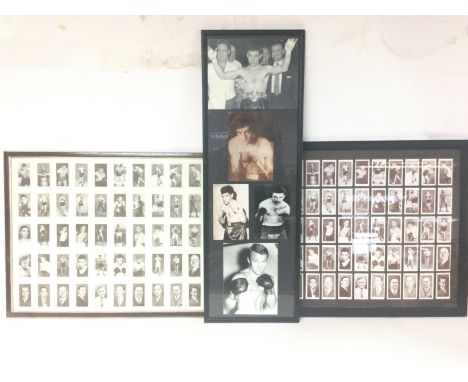 A framed montage of champion boxers signed autographs, cards and photos including boxers Laslo Papp, Johnny Clark and others 