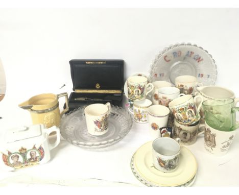 A collection of Coronation ware and an empty vintage jewellery box