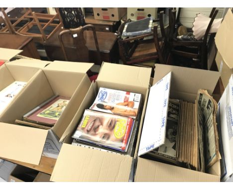A collection of vintage boxing world big fight issues and modern The Ring issues + a box containing scrap books of paper cutt