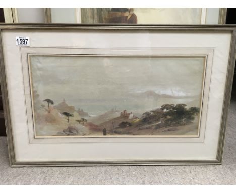 A framed watercolour depicting Mediterranean seascape view by George B Campion. Measuring 25cm x 52cm