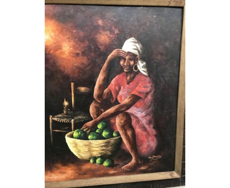 A framed oil on board depicting African woman in candle light .