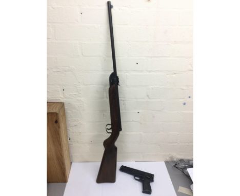 Vintage .177 Air Rifle stamped Gecado model 25, a Milbro .177 air pistol repeater with a tin of pellets