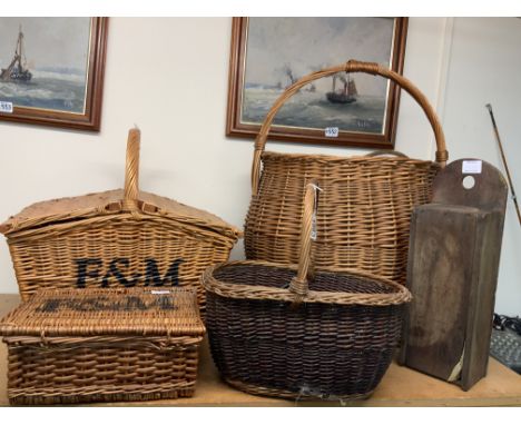 A collection of vintage baskets including Fortnum and Masons examples, with additional small items within the baskets. (D)