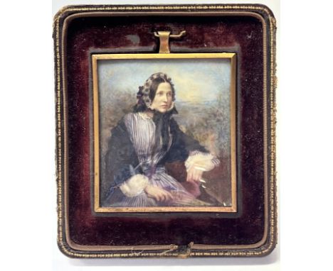 A Victorian gilt framed miniature portrait painting of a seated lady, 8.2cm x 7.3cm, with partial leather case. (B)