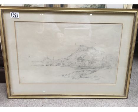 A framed pencil sketch depicting a Mediterranean harbour scene by Edward William Cooke. Measuring 30cm x 50cm