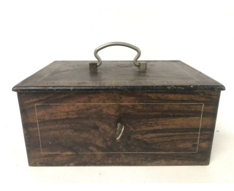 A vintage simulated rosewood metal cash box with key 18x25x12cm