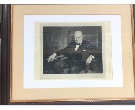 A framed and glazed monochrome print of Winston Churchill, approx 74cm x 61.5cm.