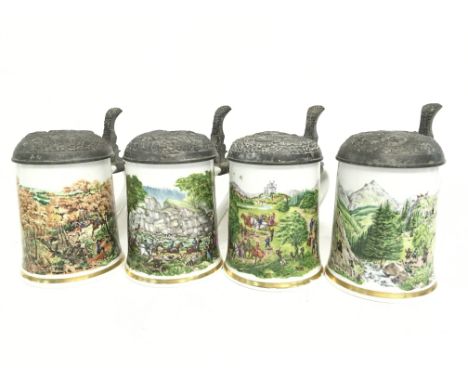 Vintage German Franklin pewter lidded ceramic steins with various illustrated country scenes, approximately 18cm tall (D)