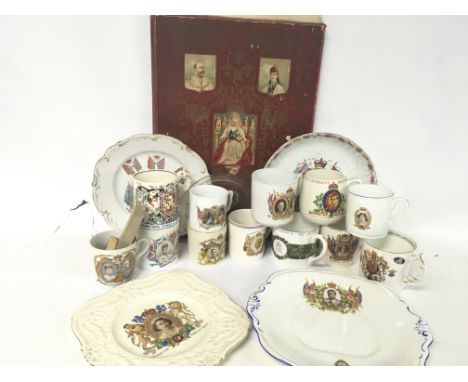 Coronation ware cups and plates and a vintage Queen Victoria book by Justin McCarthy