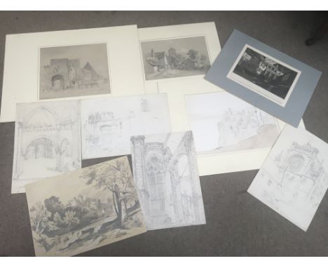 A folio of continental engravings and pencil drawings depicting continental views and architectural studies