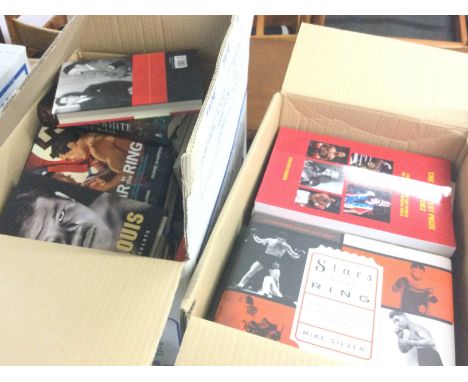 Boxes of boxing books containing stars in the ring, the greatest prizes in sport, autobiographies by Ali Joe Lewis Liston and