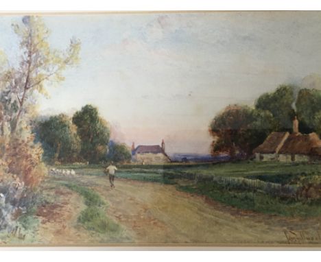 A framed watercolour an English rural view a shepherd droving his sheep a limited Edtion signed print a Beach Scene by Greens
