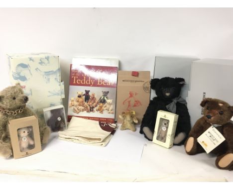 Collective bears by Steiff, some boxed, including a book- The story of the Steiff teddy bear and a tote bag for Charlie bears