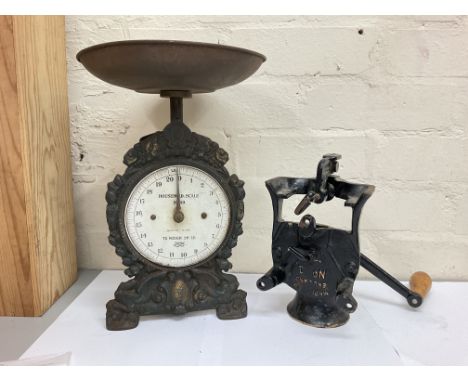 Vintage household scales no 49 (32cm tall approx) and a spong bean slicer