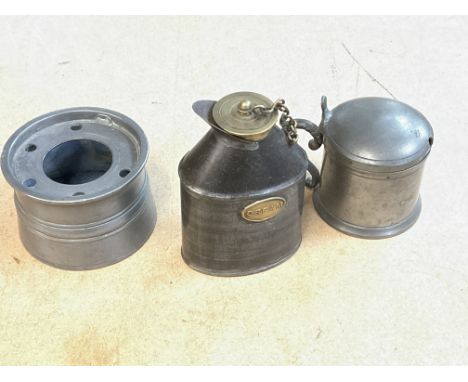 Antique pewter inkwell, mustard pot and unusual metal and brass lidded jug with brass label for cream