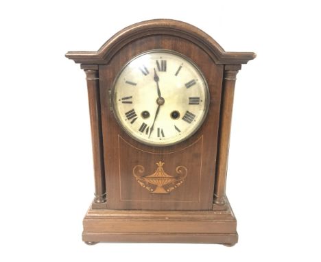 An Edwardian inlaid mahogany mantle clock, with key. 24x13x32cm approximately. (D)