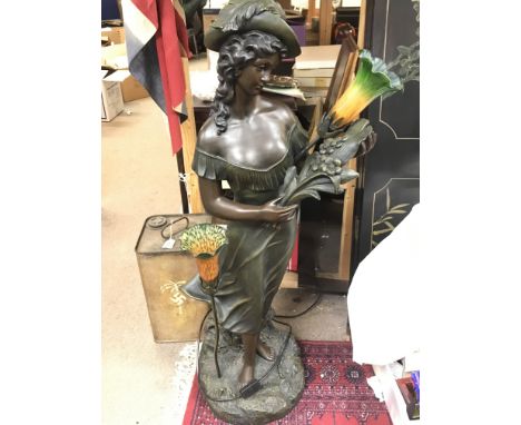 Electric large cast resin Art Nouveau lamp figure with a spare shade, approximately 110cm tall. (D)