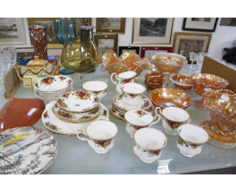 Royal Albert 'Old Country Roses' part tea service, Carnival glass, a miner’s lamp and other items