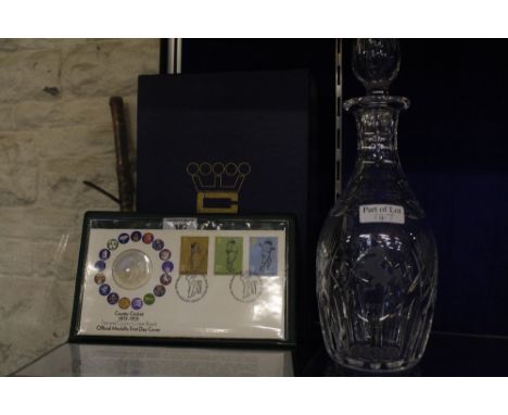 A Webb Corbett crystal decanter inscribed 'County Cricket Champions' with box and 'The County Cricket Medallic First Day Cove