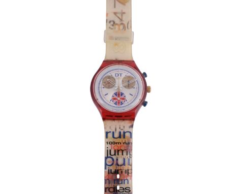 Swatch, Daley Thompson, Atlanta 1996 Olympic Games, a plastic wristwatch, quartz chronograph movement, 4 jewels, white dial, 